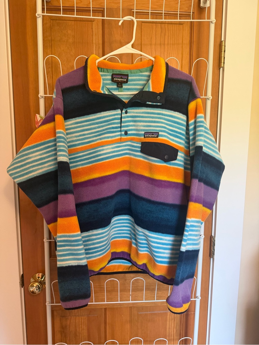 Patagonia Synchilla Multi-Stripe Snap-T Fleece Pullover in Teal, Purple & Gold